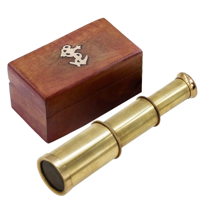 Mythrojan تلسكوب نحاسي من ميثروجان بطراز العصور الوسطى مع منظار صغير، صندوق خشبي لإعادة التمثيل، كوسبلاي، ستيمبانك، ديكور بحري - 6 بوصات، نحاس - Image 1
